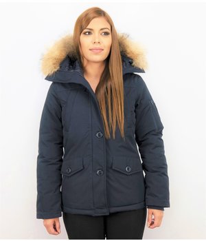 TheBrand Fur Collar Coat - Women's Winter Coat Short - Parka Stitch Bag - Blue