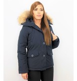 TheBrand Fur Collar Coat - Women's Winter Coat Short - Parka Stitch Bag - Blue