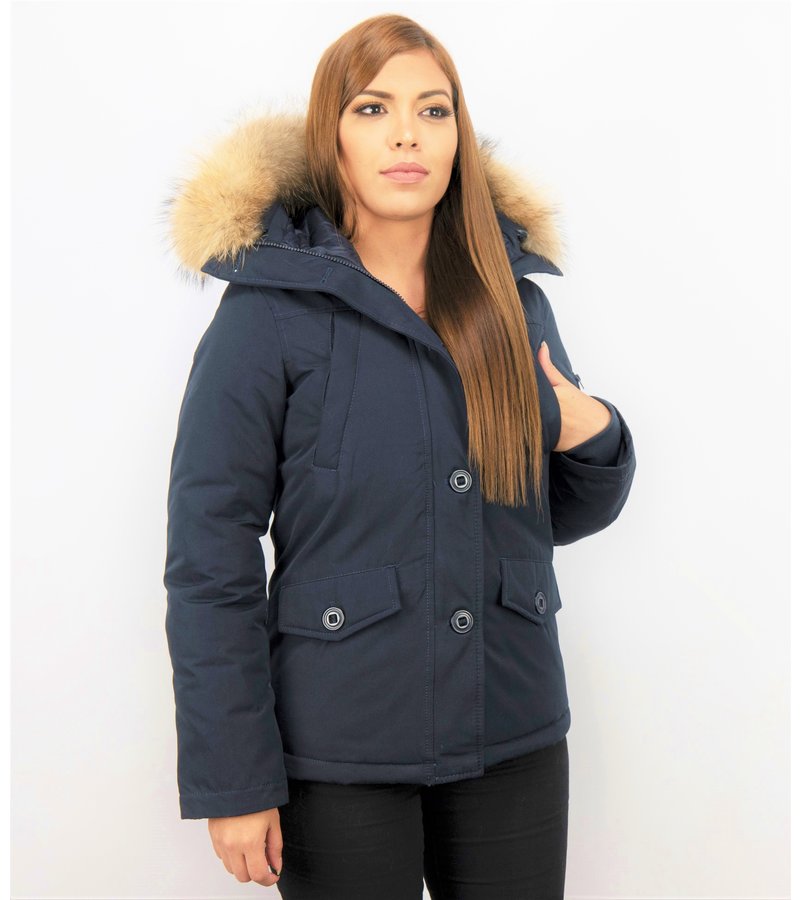 TheBrand Fur Collar Coat - Women's Winter Coat Short - Parka Stitch Bag - Blue