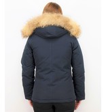 TheBrand Fur Collar Coat - Women's Winter Coat Short - Parka Stitch Bag - Blue