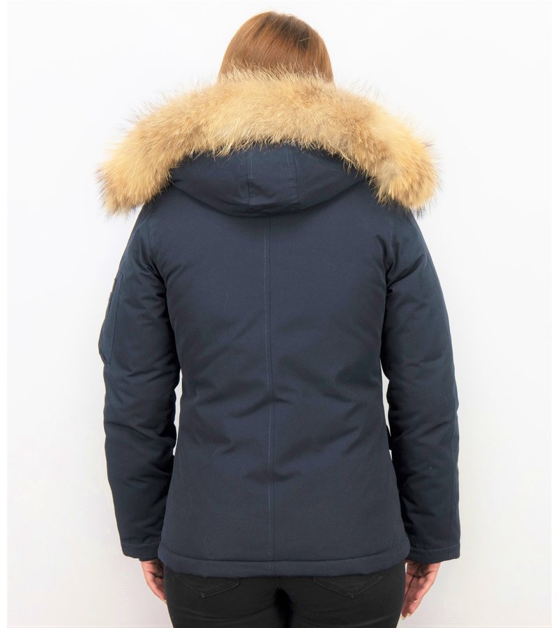 TheBrand Fur Collar Coat - Women's Winter Coat Short - Parka Stitch Bag - Blue