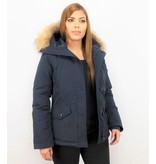 TheBrand Fur Collar Coat - Women's Winter Coat Short - Parka Stitch Bag - Blue