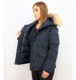 TheBrand Fur Collar Coat - Women's Winter Coat Short - Parka Stitch Bag - Blue