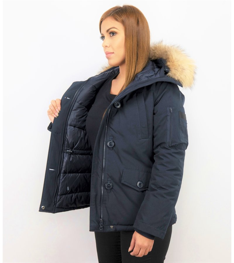 TheBrand Fur Collar Coat - Women's Winter Coat Short - Parka Stitch Bag - Blue