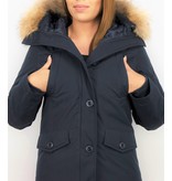 TheBrand Fur Collar Coat - Women's Winter Coat Short - Parka Stitch Bag - Blue