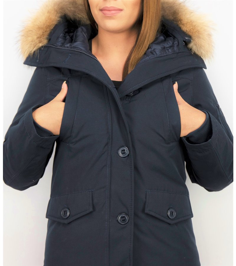 TheBrand Fur Collar Coat - Women's Winter Coat Short - Parka Stitch Bag - Blue