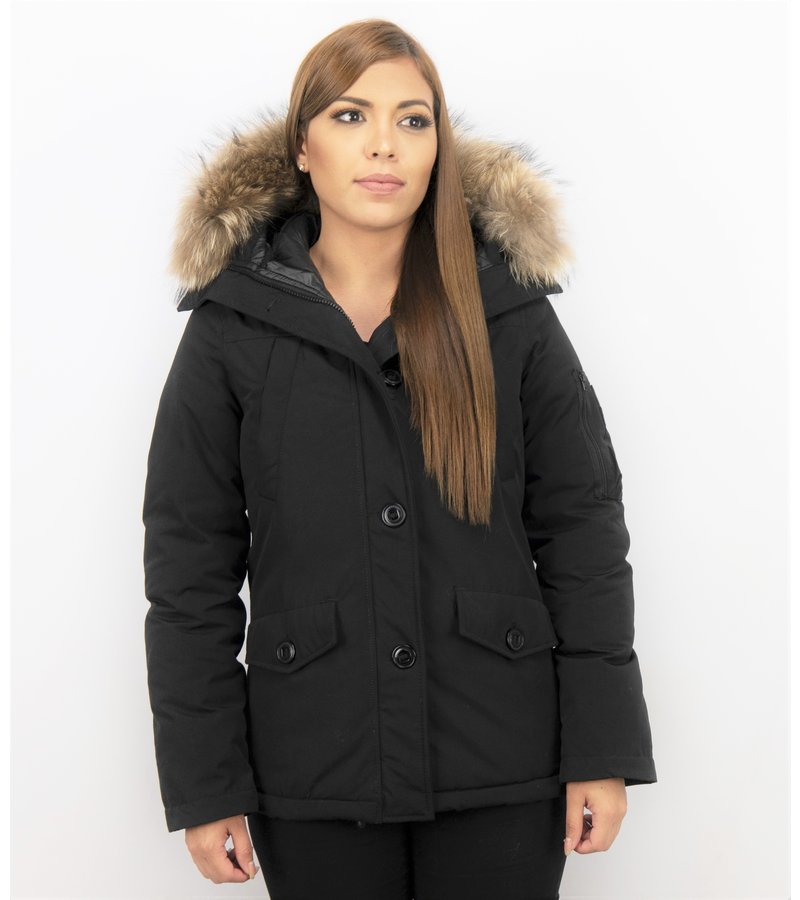 TheBrand Fur Collar Coat - Women's Winter Coat Short - Parka Stitch Bag - Black