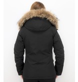 TheBrand Fur Collar Coat - Women's Winter Coat Short - Parka Stitch Bag - Black