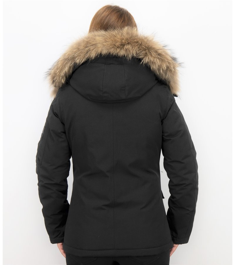 TheBrand Fur Collar Coat - Women's Winter Coat Short - Parka Stitch Bag - Black