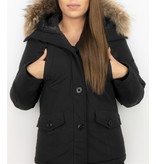 TheBrand Fur Collar Coat - Women's Winter Coat Short - Parka Stitch Bag - Black