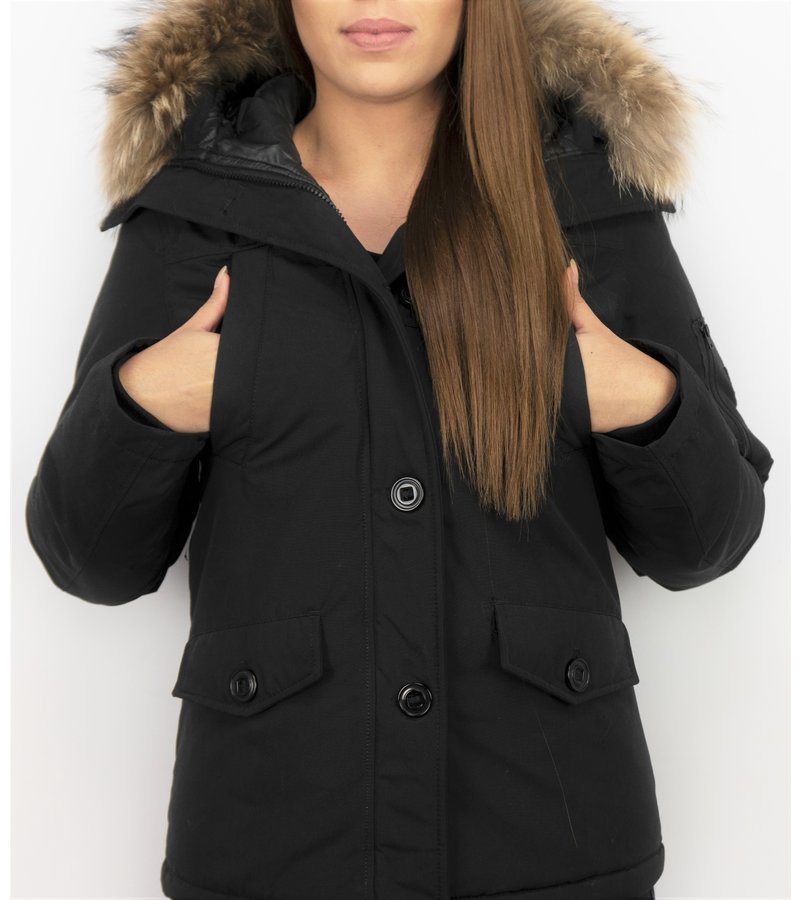TheBrand Fur Collar Coat - Women's Winter Coat Short - Parka Stitch Bag - Black