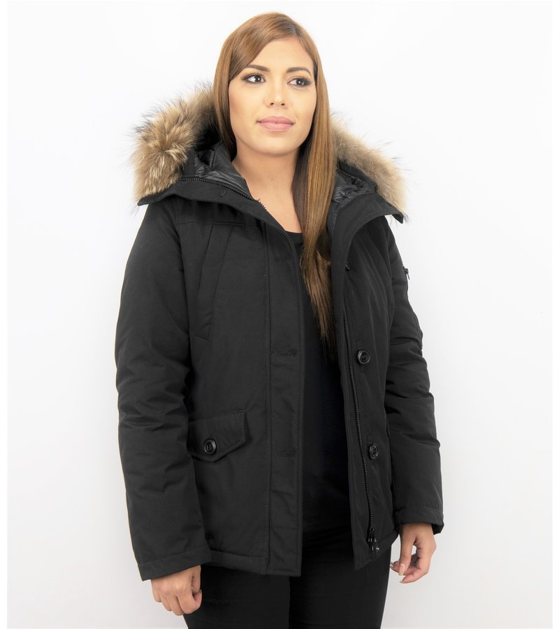 TheBrand Fur Collar Coat - Women's Winter Coat Short - Parka Stitch Bag - Black