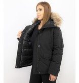 TheBrand Fur Collar Coat - Women's Winter Coat Short - Parka Stitch Bag - Black