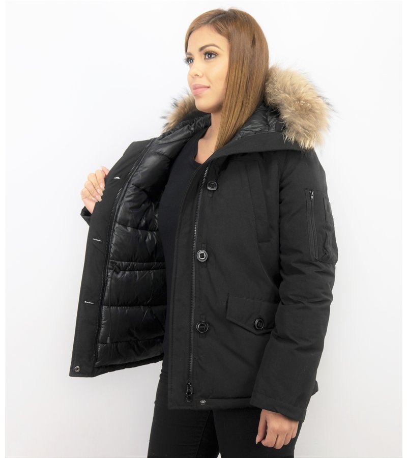 TheBrand Fur Collar Coat - Women's Winter Coat Short - Parka Stitch Bag - Black