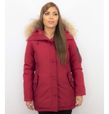 TheBrand Fur Collar Coat - Women's Winter Coat Long - Parka Stitch Bag - Red