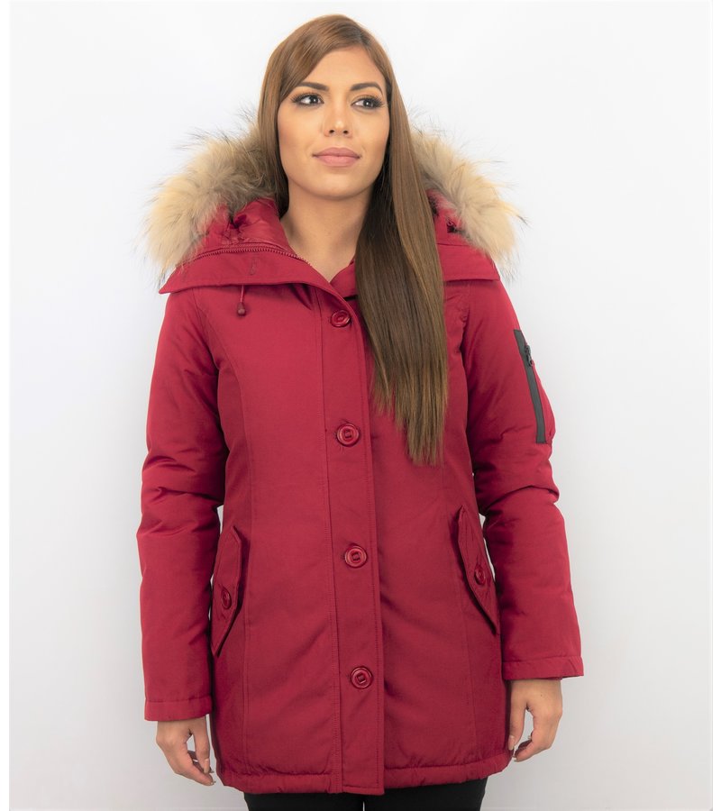 TheBrand Fur Collar Coat - Women's Winter Coat Long - Parka Stitch Bag - Red