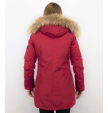 TheBrand Fur Collar Coat - Women's Winter Coat Long - Parka Stitch Bag - Red