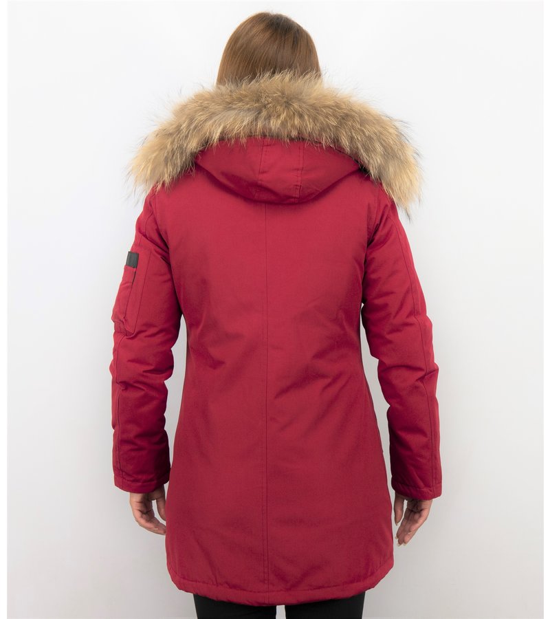 TheBrand Fur Collar Coat - Women's Winter Coat Long - Parka Stitch Bag - Red