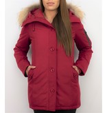 TheBrand Fur Collar Coat - Women's Winter Coat Long - Parka Stitch Bag - Red