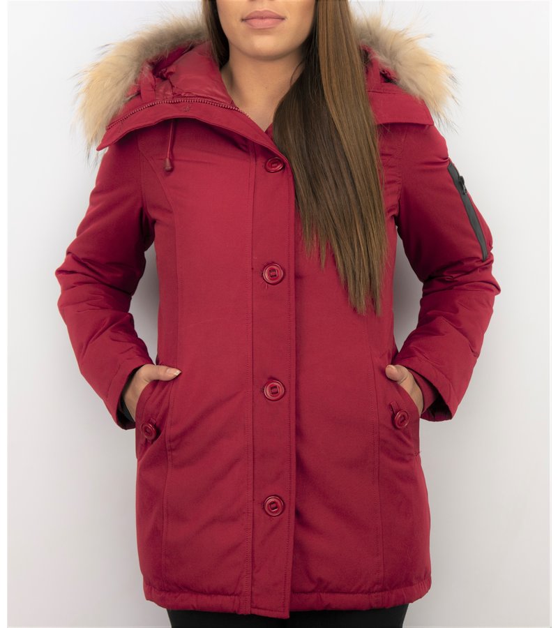 TheBrand Fur Collar Coat - Women's Winter Coat Long - Parka Stitch Bag - Red