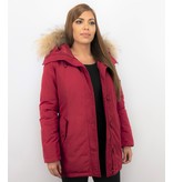 TheBrand Fur Collar Coat - Women's Winter Coat Long - Parka Stitch Bag - Red