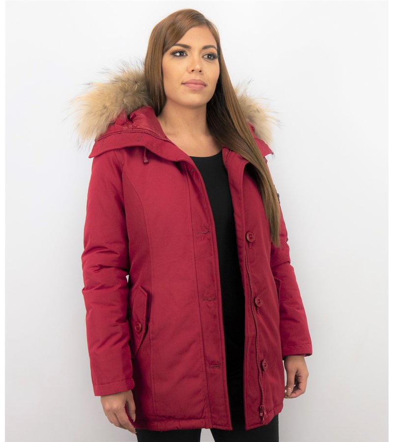 TheBrand Fur Collar Coat - Women's Winter Coat Long - Parka Stitch Bag - Red