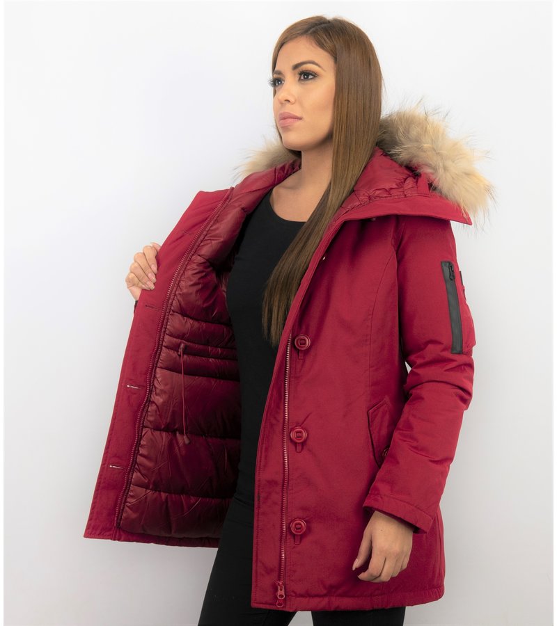 TheBrand Fur Collar Coat - Women's Winter Coat Long - Parka Stitch Bag - Red