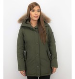 TheBrand Fur Collar Coat - Women's Winter Coat Long - Parka Stitch Bag - Green