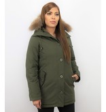 TheBrand Fur Collar Coat - Women's Winter Coat Long - Parka Stitch Bag - Green