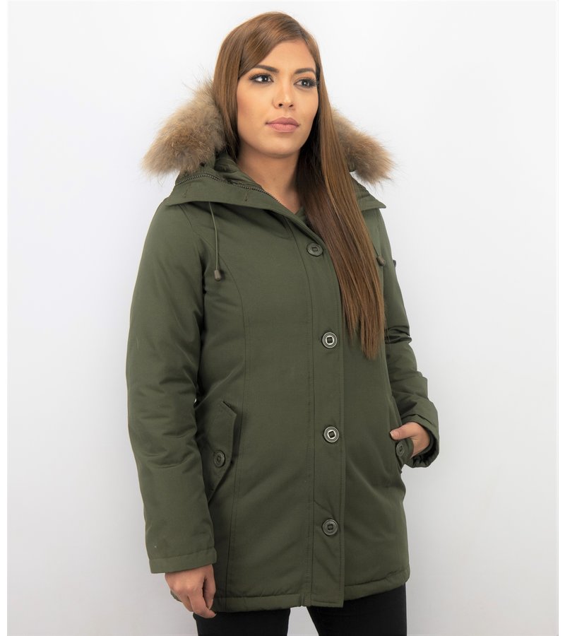 TheBrand Fur Collar Coat - Women's Winter Coat Long - Parka Stitch Bag - Green