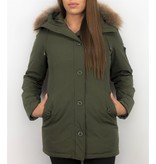TheBrand Fur Collar Coat - Women's Winter Coat Long - Parka Stitch Bag - Green