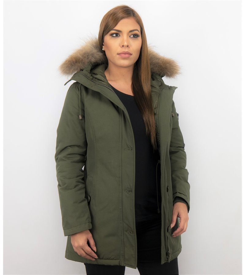 TheBrand Fur Collar Coat - Women's Winter Coat Long - Parka Stitch Bag - Green