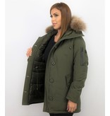 TheBrand Fur Collar Coat - Women's Winter Coat Long - Parka Stitch Bag - Green