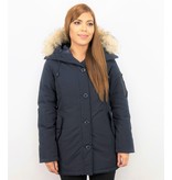 TheBrand Fur Collar Coat - Women's Winter Coat Long - Parka Stitch Bag - Blue