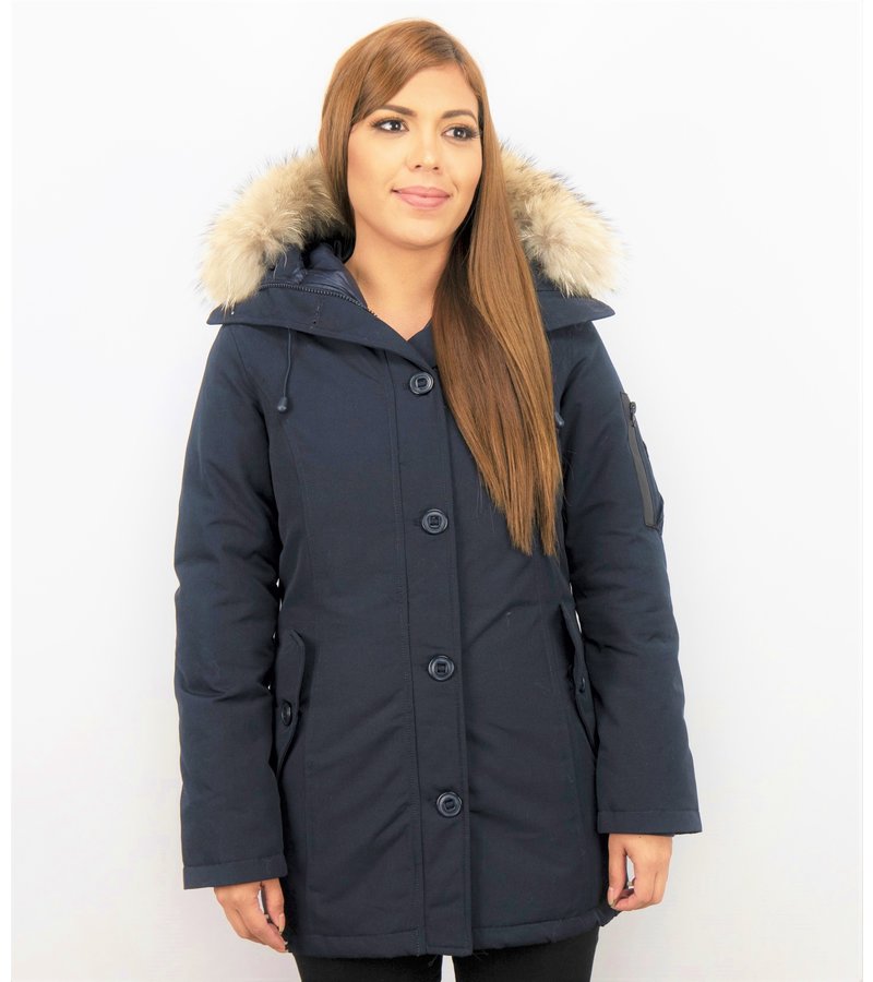 TheBrand Fur Collar Coat - Women's Winter Coat Long - Parka Stitch Bag - Blue