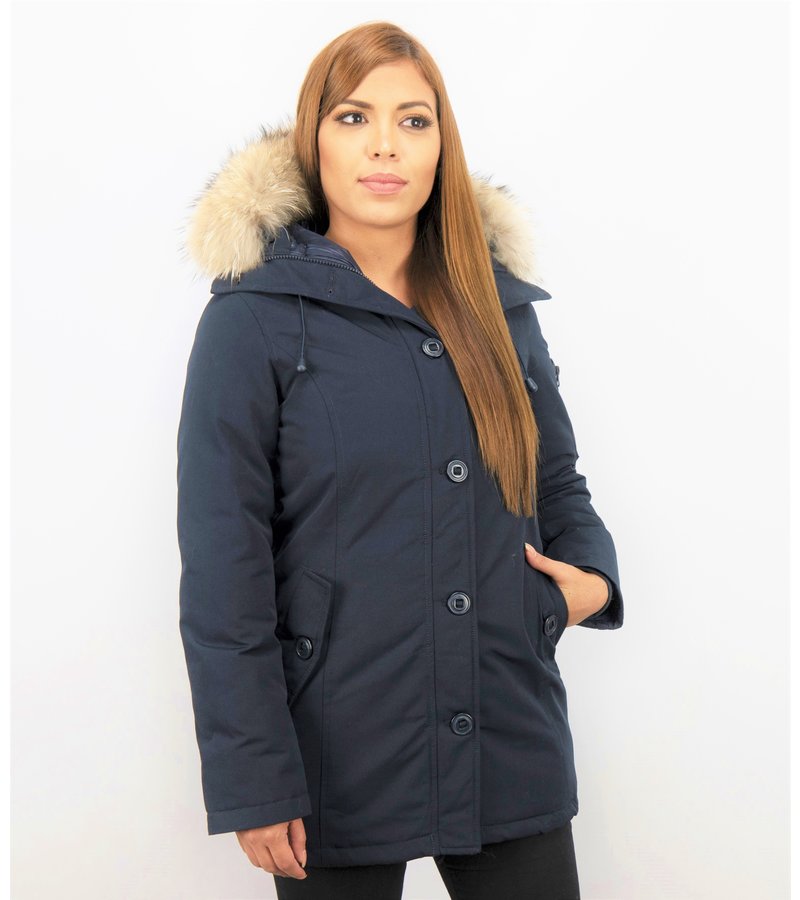TheBrand Fur Collar Coat - Women's Winter Coat Long - Parka Stitch Bag - Blue