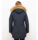 TheBrand Fur Collar Coat - Women's Winter Coat Long - Parka Stitch Bag - Blue