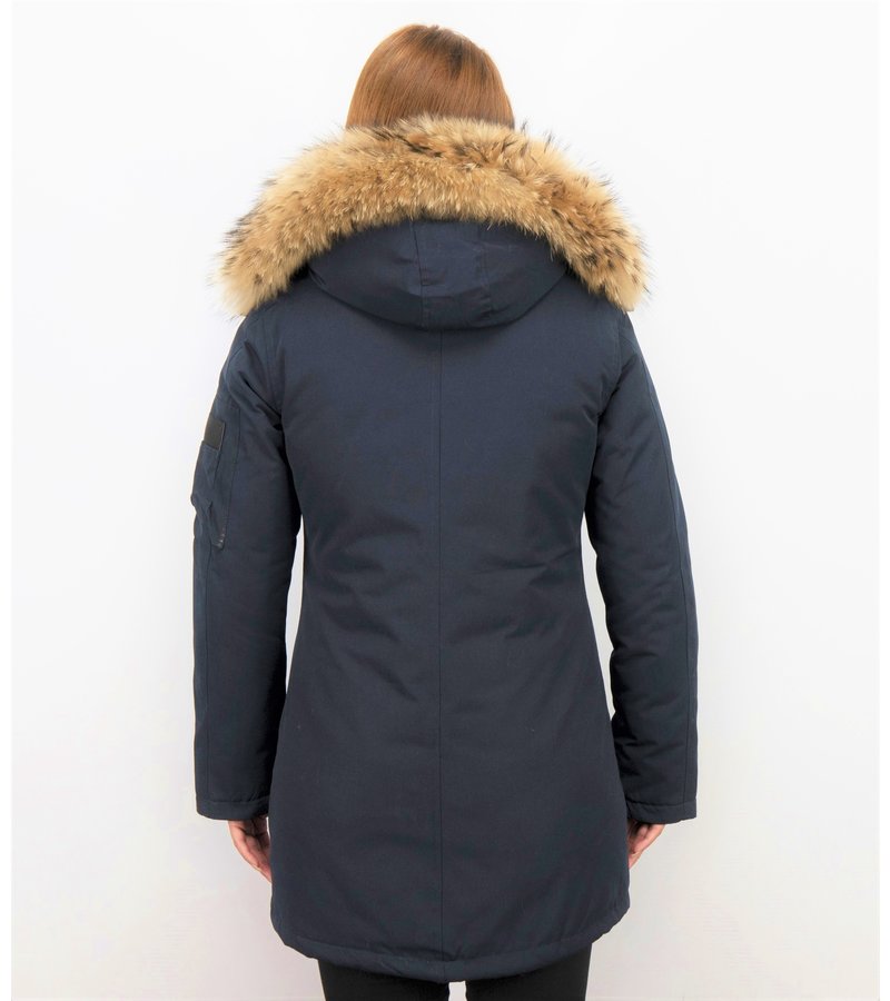 TheBrand Fur Collar Coat - Women's Winter Coat Long - Parka Stitch Bag - Blue