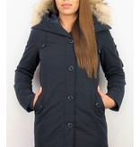 TheBrand Fur Collar Coat - Women's Winter Coat Long - Parka Stitch Bag - Blue