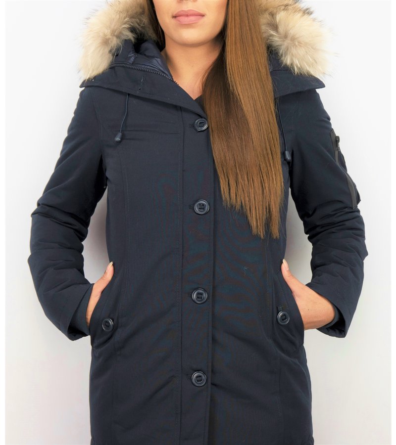 TheBrand Fur Collar Coat - Women's Winter Coat Long - Parka Stitch Bag - Blue