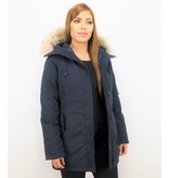 TheBrand Fur Collar Coat - Women's Winter Coat Long - Parka Stitch Bag - Blue