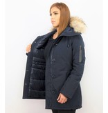 TheBrand Fur Collar Coat - Women's Winter Coat Long - Parka Stitch Bag - Blue