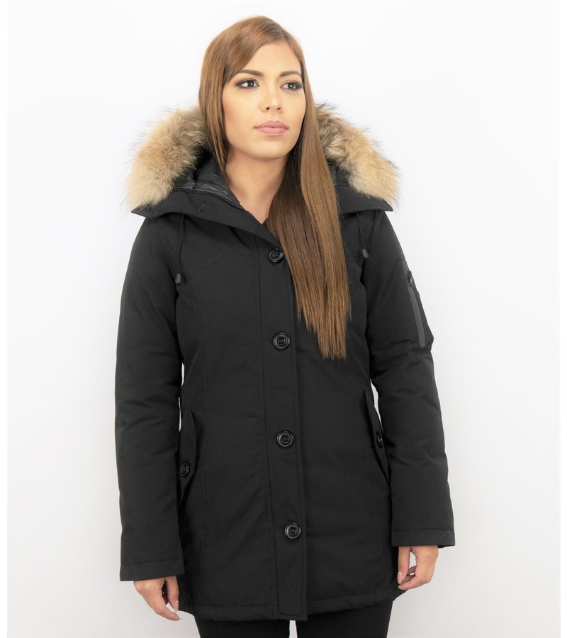 TheBrand Fur Collar Coat - Women's Winter Coat Long - Parka Stitch Bag - Black