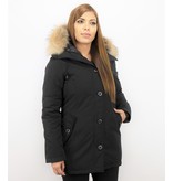 TheBrand Fur Collar Coat - Women's Winter Coat Long - Parka Stitch Bag - Black