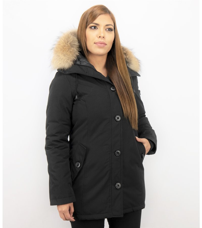 TheBrand Fur Collar Coat - Women's Winter Coat Long - Parka Stitch Bag - Black