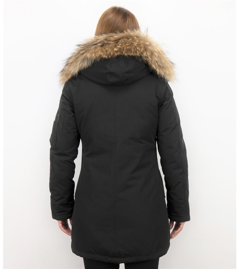 TheBrand Fur Collar Coat - Women's Winter Coat Long - Parka Stitch Bag - Black