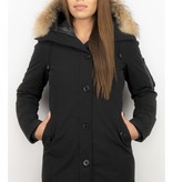 TheBrand Fur Collar Coat - Women's Winter Coat Long - Parka Stitch Bag - Black