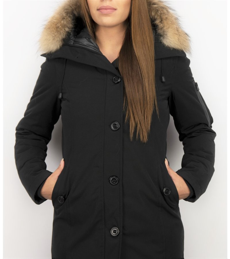 TheBrand Fur Collar Coat - Women's Winter Coat Long - Parka Stitch Bag - Black