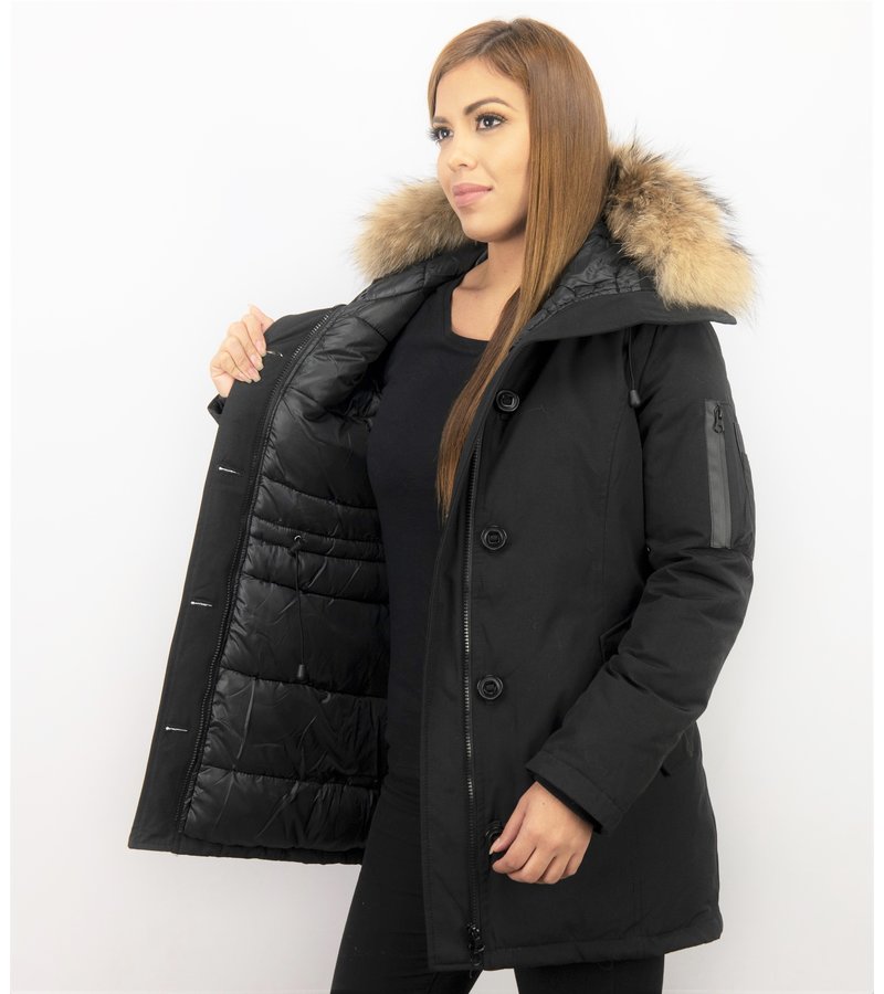 TheBrand Fur Collar Coat - Women's Winter Coat Long - Parka Stitch Bag - Black