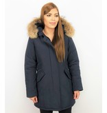 TheBrand Fur Collar Coat - Women's Winter Coat Long - Parka Stitch Pocket- Blue
